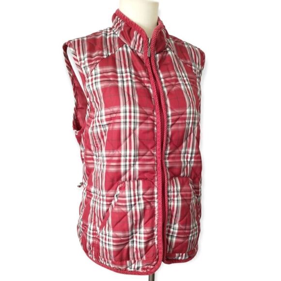 Buffalo Plaid Puffy Vest Quilted Red Pockets Cinched Medium Outdoors Academia - Picture 2 of 16